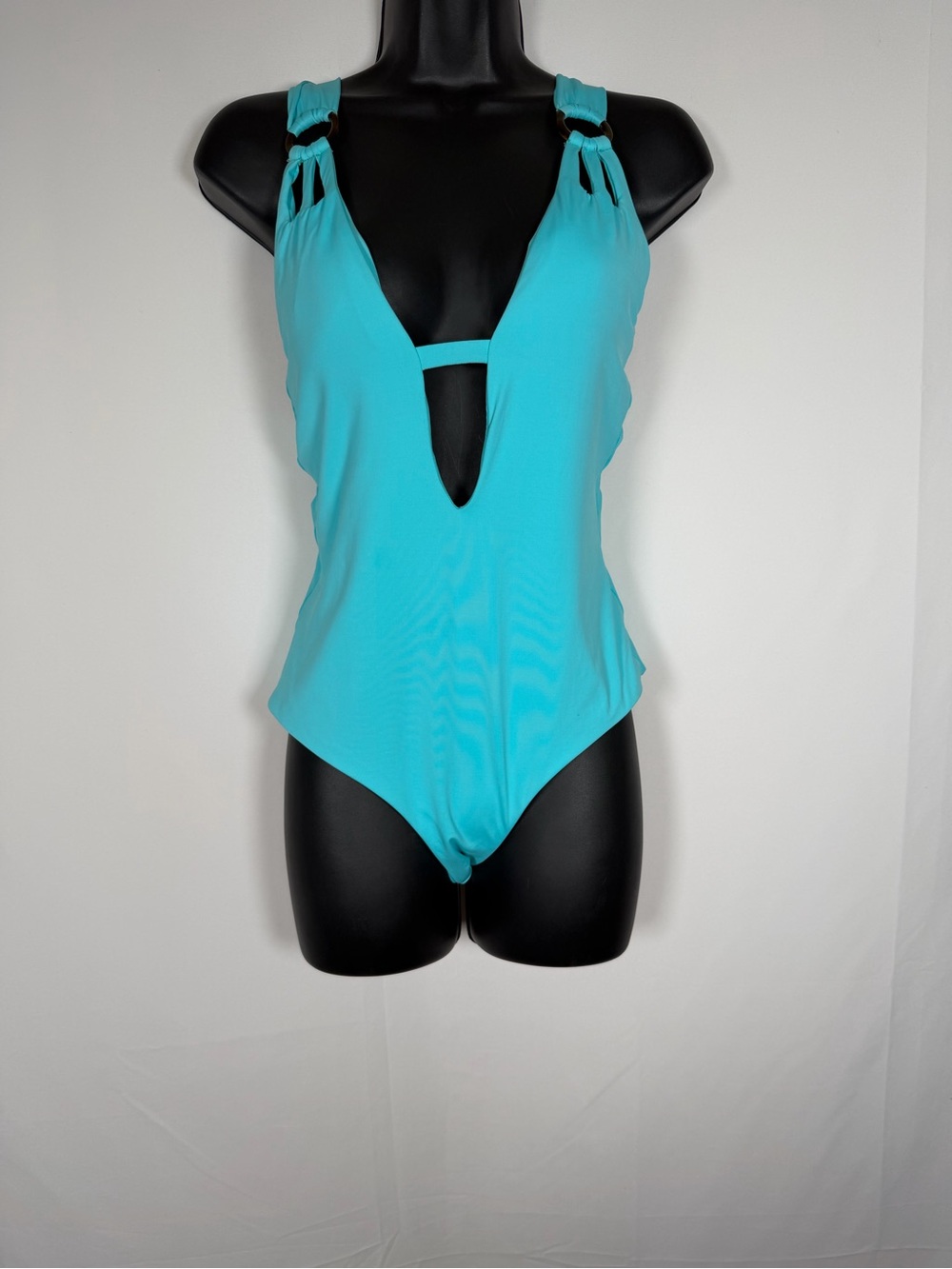 BECCA Turquoise One-Piece Swimsuit with Deep V Plunge and Ring-Strap Detail